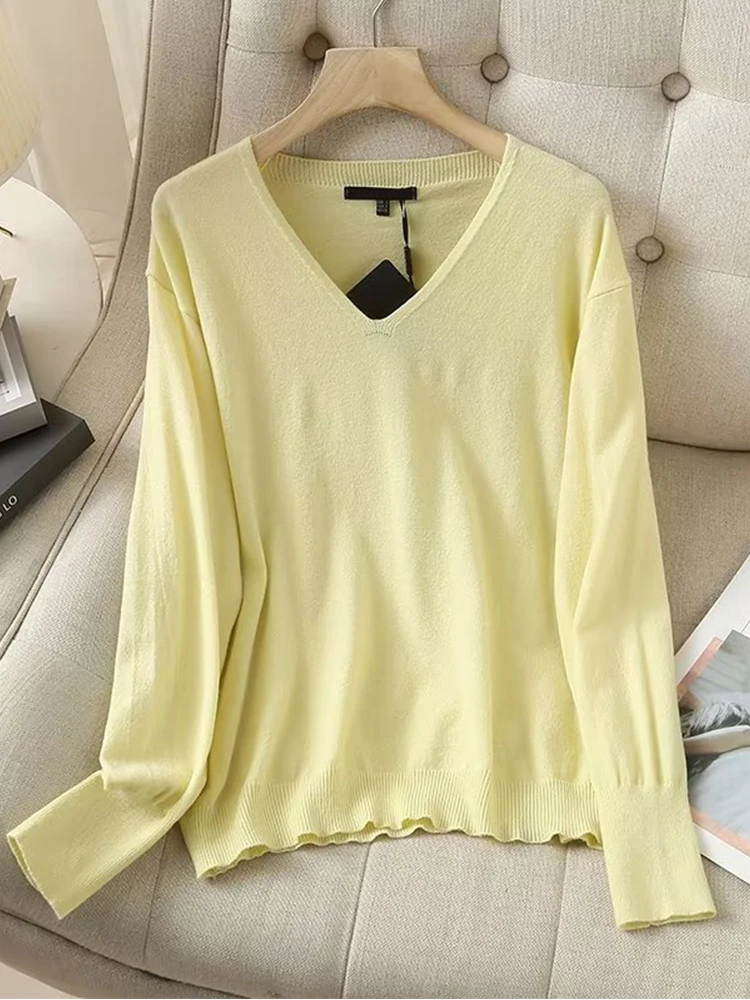 YENKYE  Women 2022 Solid V Neck Thin Knit Sweater Long Sleeve Female Casual Jumper