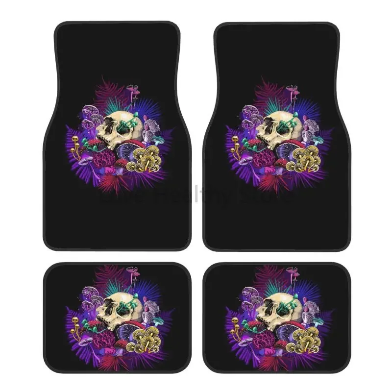 Magic Psychedelic Mushrooms and Skulls Car Floor Mats Set of 4 Pieces Car Front and Rear Foot Mats with Rubber Backing Universal
