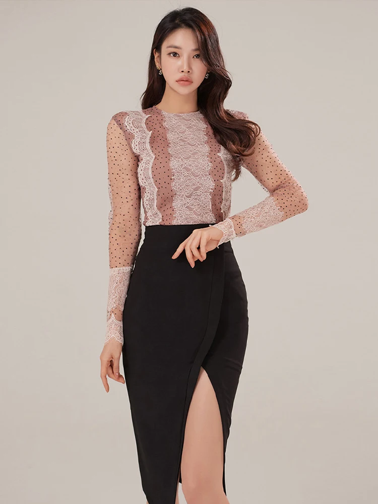 

Fashion Elegant Formal 2 Piece Outfits for Women Sweet Sexy Sheer Mesh Splice Tops Shirt Blouse Black Midi Slit Skirt Sets Work