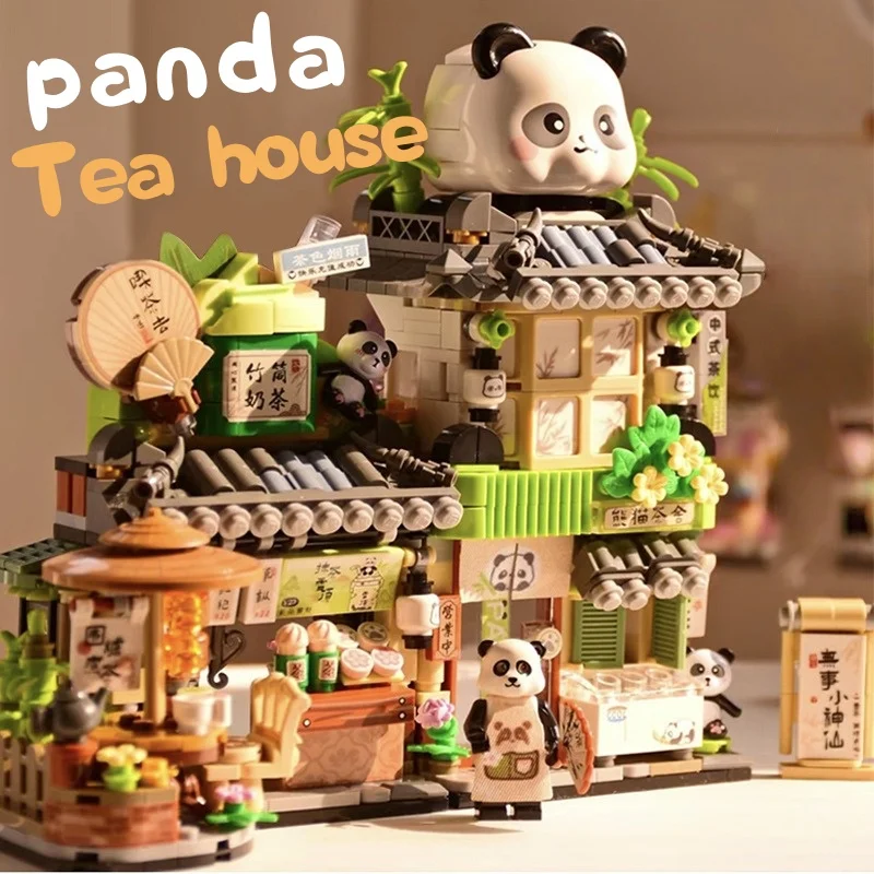 New panda tea house snail powder shop street view assembled building block toys boys and girls birthday gift