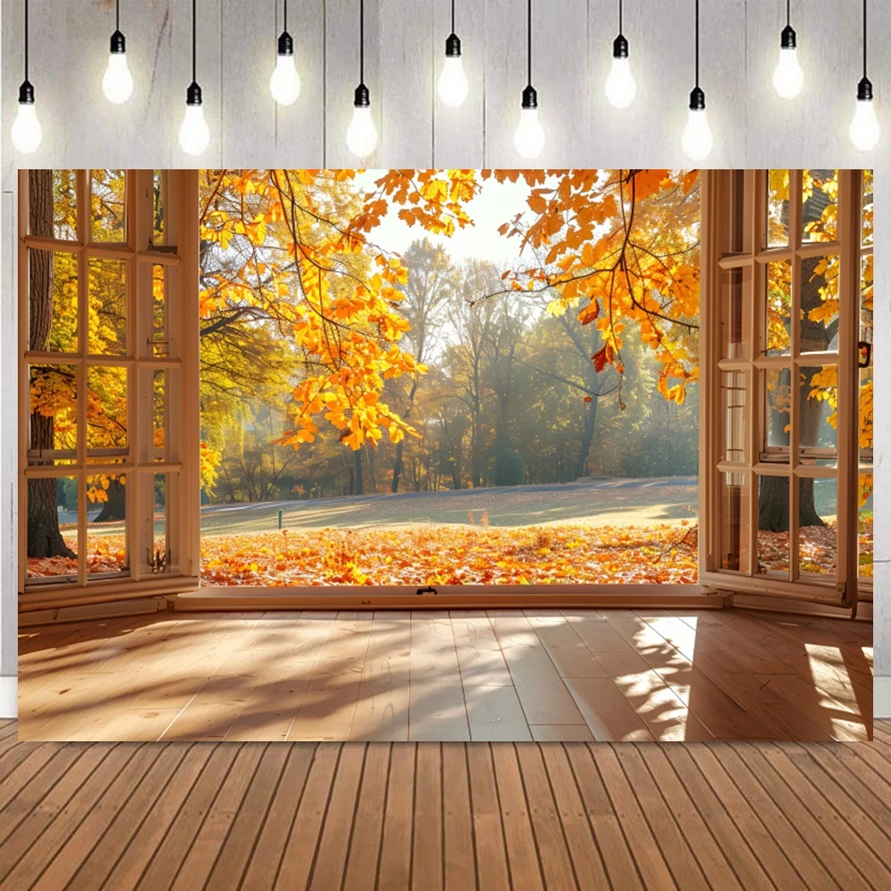 Fall Window Landscape Photography Backdrop Autumn Maple Leaves Forest Pumpkin Harvest Thanksgiving Background Photo Studio Props