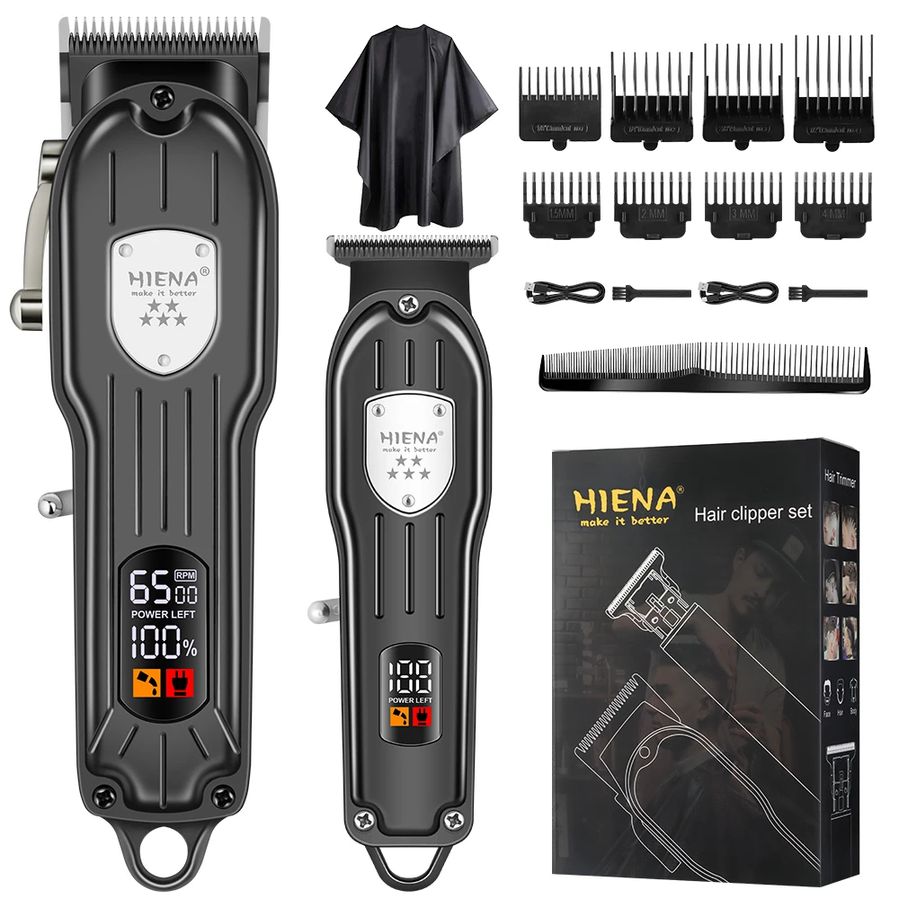 

HIENA Cordless Hair Clipper Set Barber Trimmer Kit with LED Display 6500RPM Motor USB Fast Charge Haircut Tools for Men