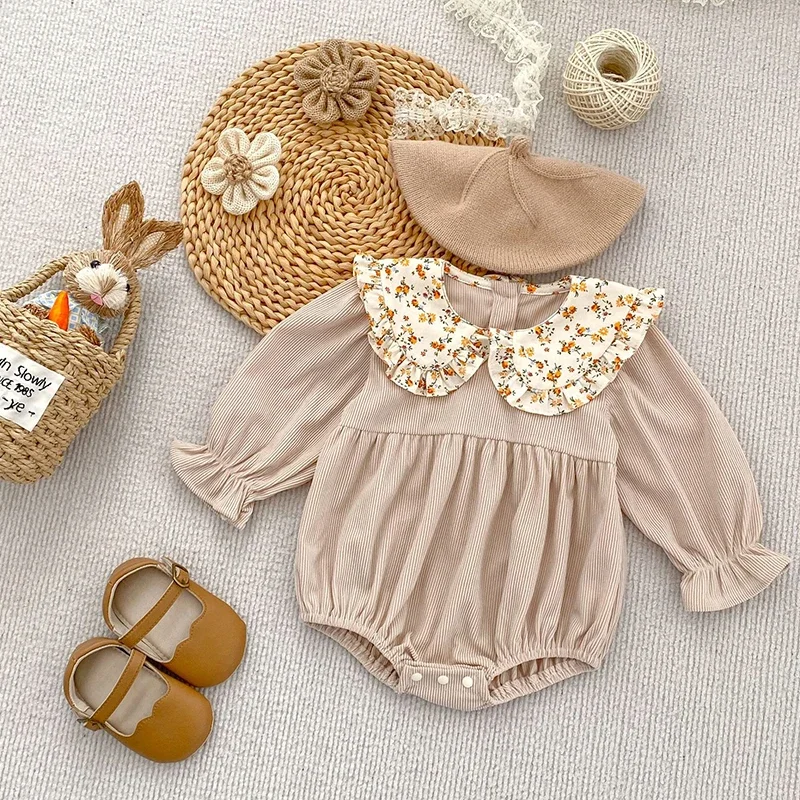 

2026 Vintage Infant Baby Girls Romper Spring Newborn Floral Corduroy Baby Rompers Infant Bodysuit Toddler Onepiece Baby Clothes