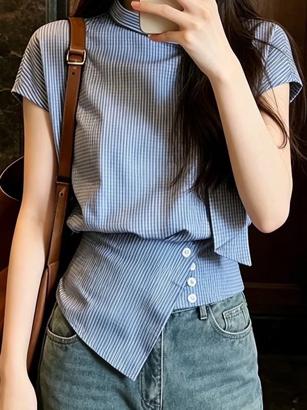 

Chic Blue Plaid Short Sleeve Shirt for plus Size Women Summer New Arrival Korean Style Commute Fashion Breathable Skin-Friendly
