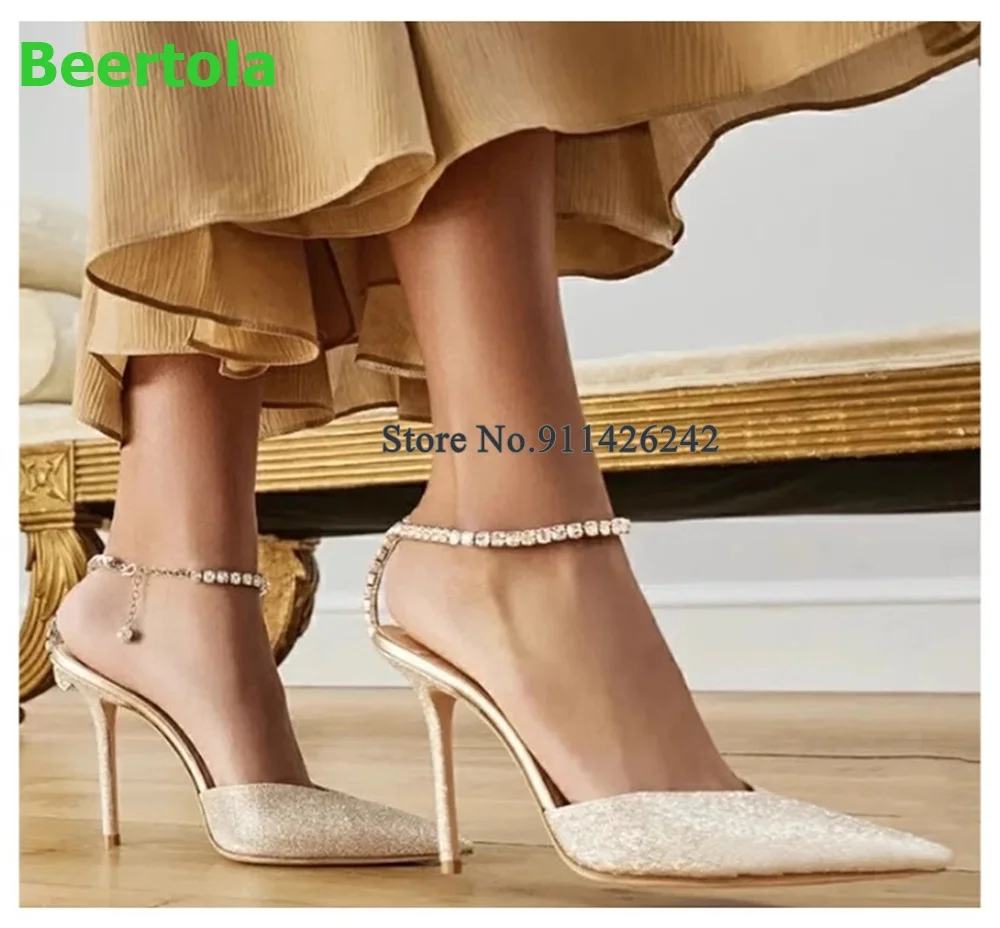 Ankle Crystal Strap Slingback Luxury Pumps For Female Women Pointed Toe Thin High Heel Sexy Elegant Shallow Solid All-match Shoe