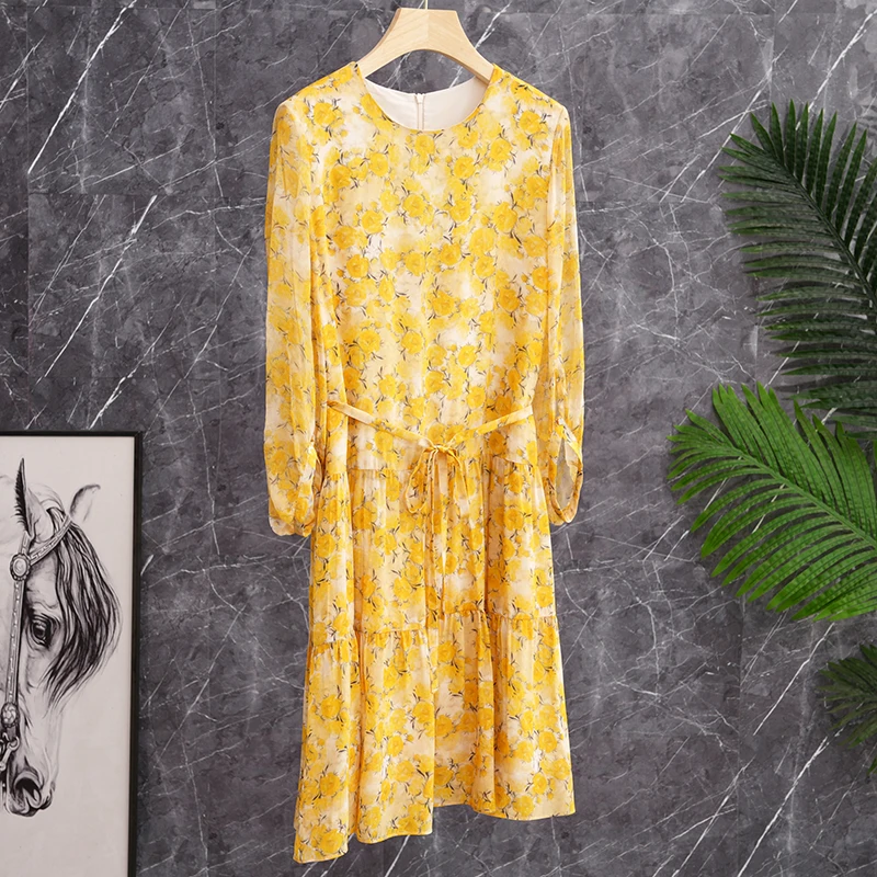 

Элегантное желтое шелковое платье с цветочным принтом и завязками на талии, женское летнее платье А-силуэта миди с рукавами-фонариками, круглым вырезом, в повседневном стиле, для чаепития