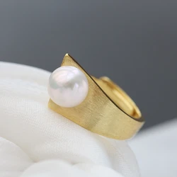 Authentic 925 Sterling Silver Geometric Trapezoid Ring Inlaid Natural Freshwater Pearl 18K Gold Plated Rings Fine Jewelry Gift