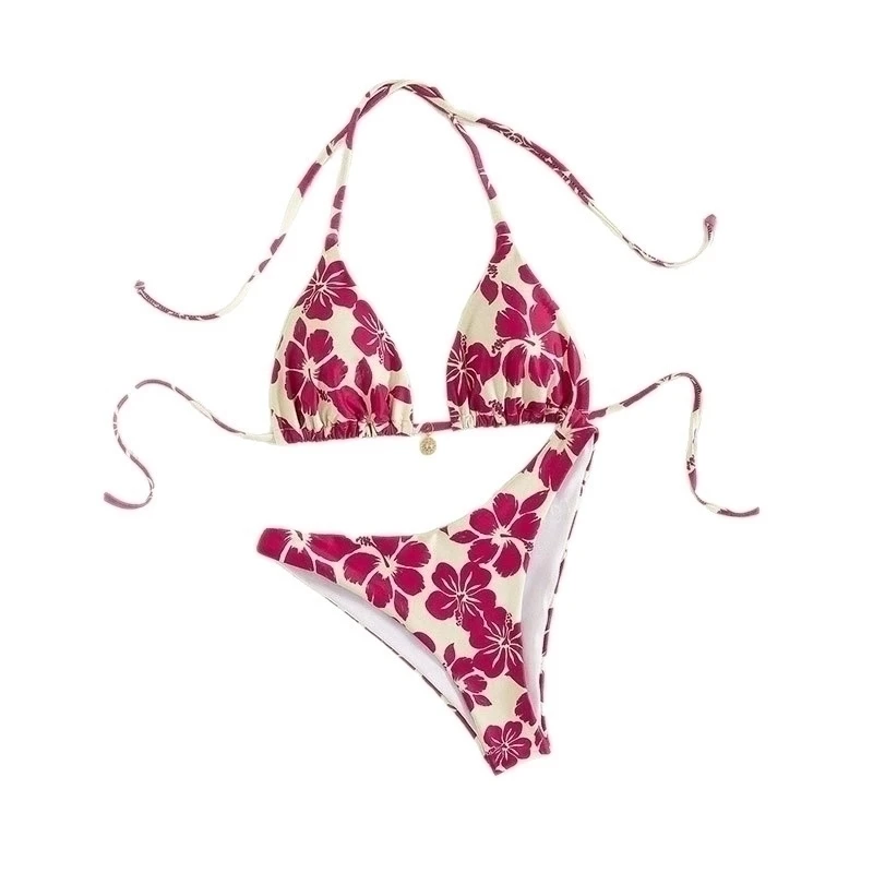 Floral Print Bathing Suit Women Bikini Set Sexy Halter Triangle Bandage Micro Bikini Summer 2025 New Casual Holiday Beachwear