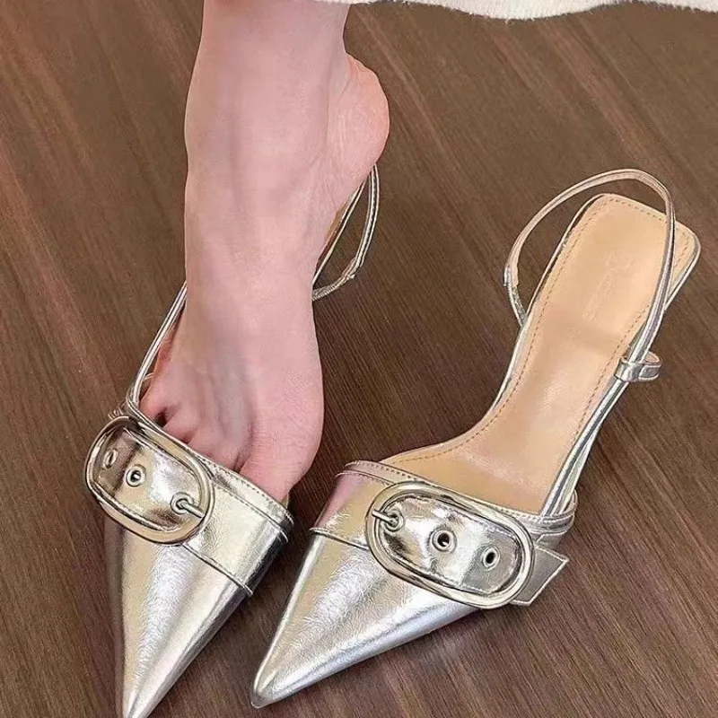 

New Style Fashion Comfortable Baotou Shallow Mouth Thin Heel Silver Pointed Sandals Women's Back Empty High Heels Zapatos Mujer