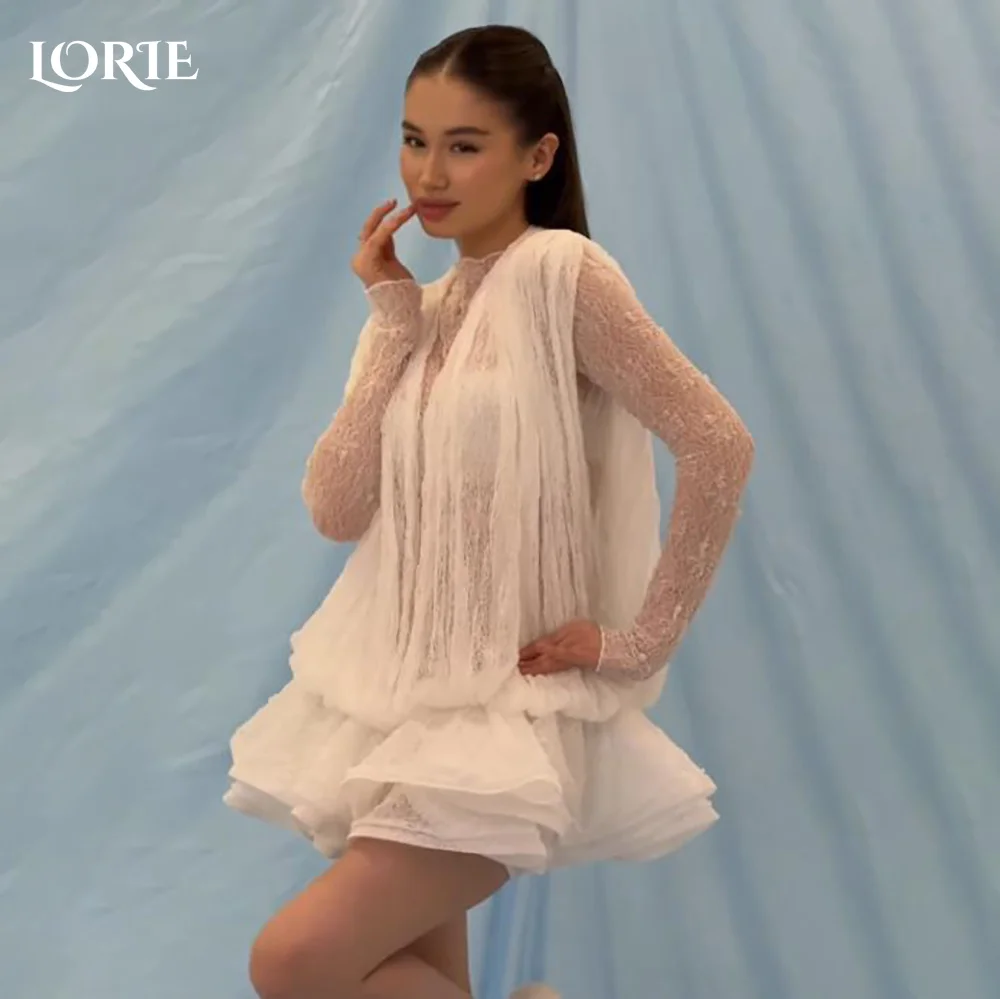 

LORIE Vintage Short Wedding Dress Pleats Long Sleeve Puff Mini Bridal Gown Princess Illusion Bride Gowns Customized Party Dress
