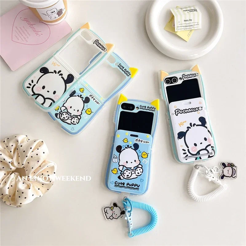 3D Cute Cartoon Sanrio Pochacco Wallet Card Pocket Phone Case For Samsung Galaxy Z Flip 6 5 5G 4 3 Soft TPU Cover With Lanyard