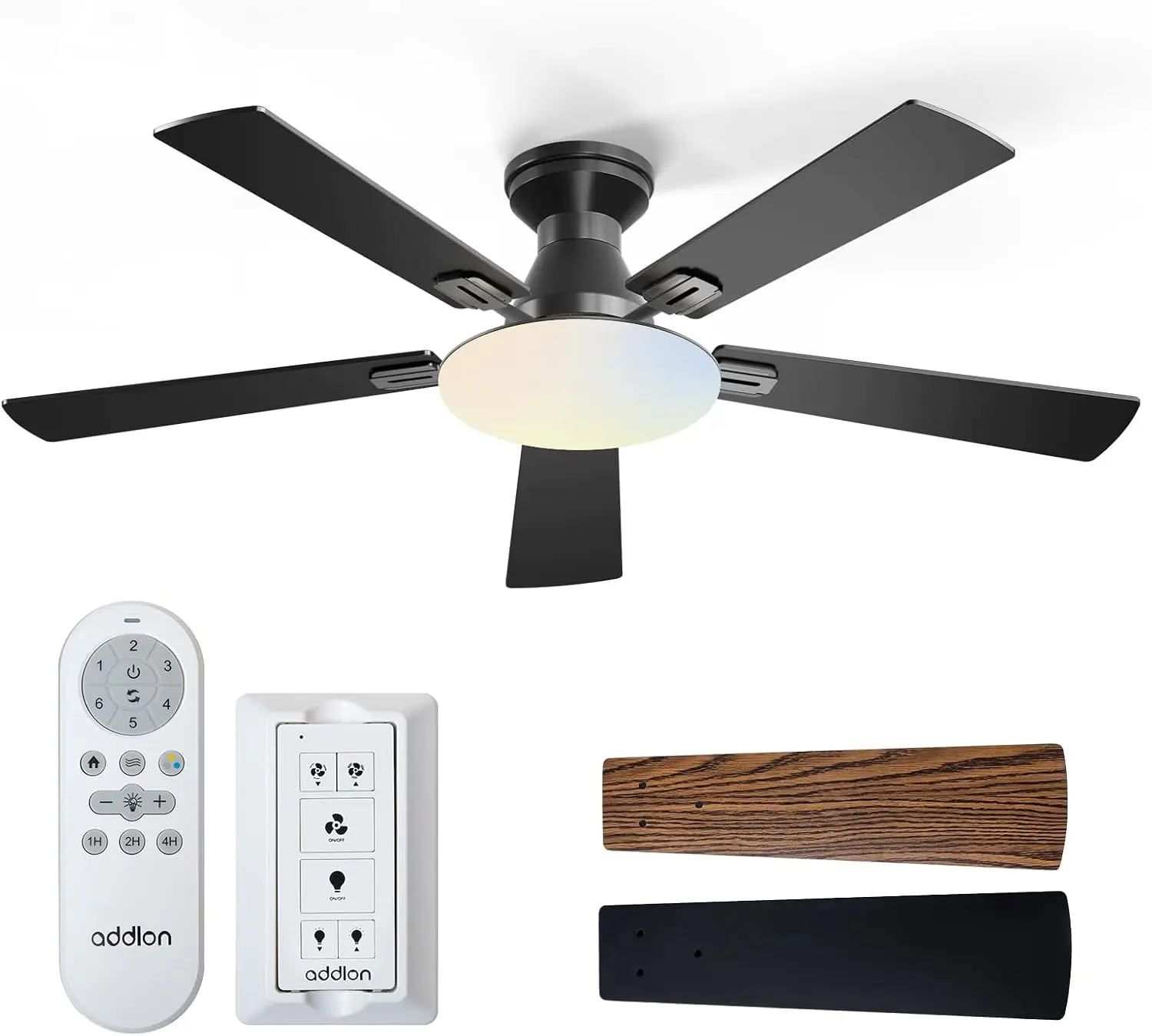 52" Flush Mount Ceiling Fan with Lights & Remote, DC Motor, Dimmable, Reversible, Quiet, Black Low Profile for Bedroom