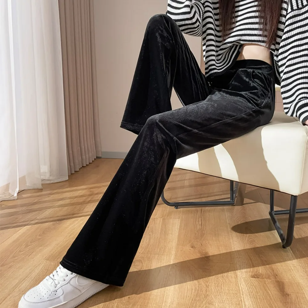 レディースベルベットワイドレッグパンツ、2025年ナローフィットハイウエストドレープ効果付きトラウザーズ |   黒色のスリムストレート
