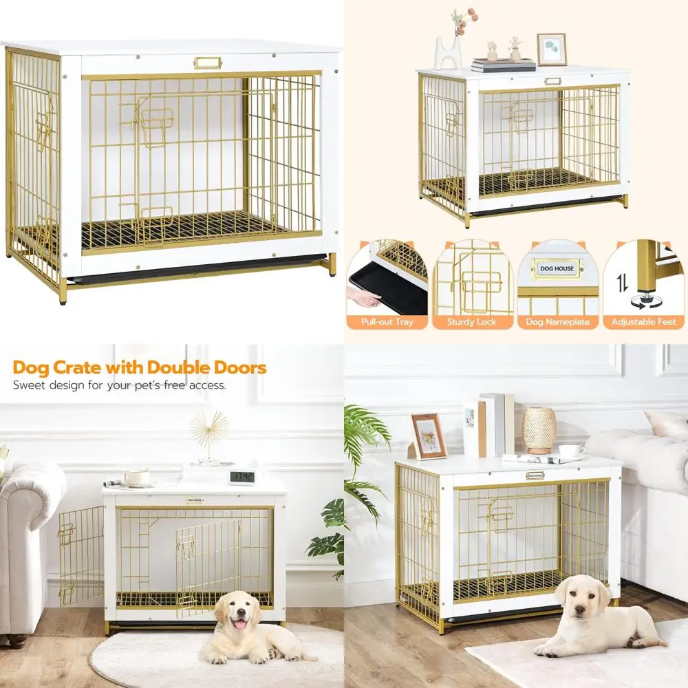 

Medium Wooden Dog Crate with Pull-Out Tray, Double Doors, and Side End Table for Indoor Use