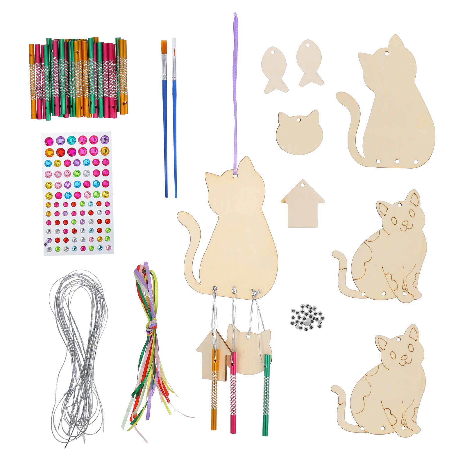 

12 Pieces Cat Wind Chime Kit Unfinished Wooden DIY Crafts for Kids Paintable Ornament Hanging Decoration Wood Slices