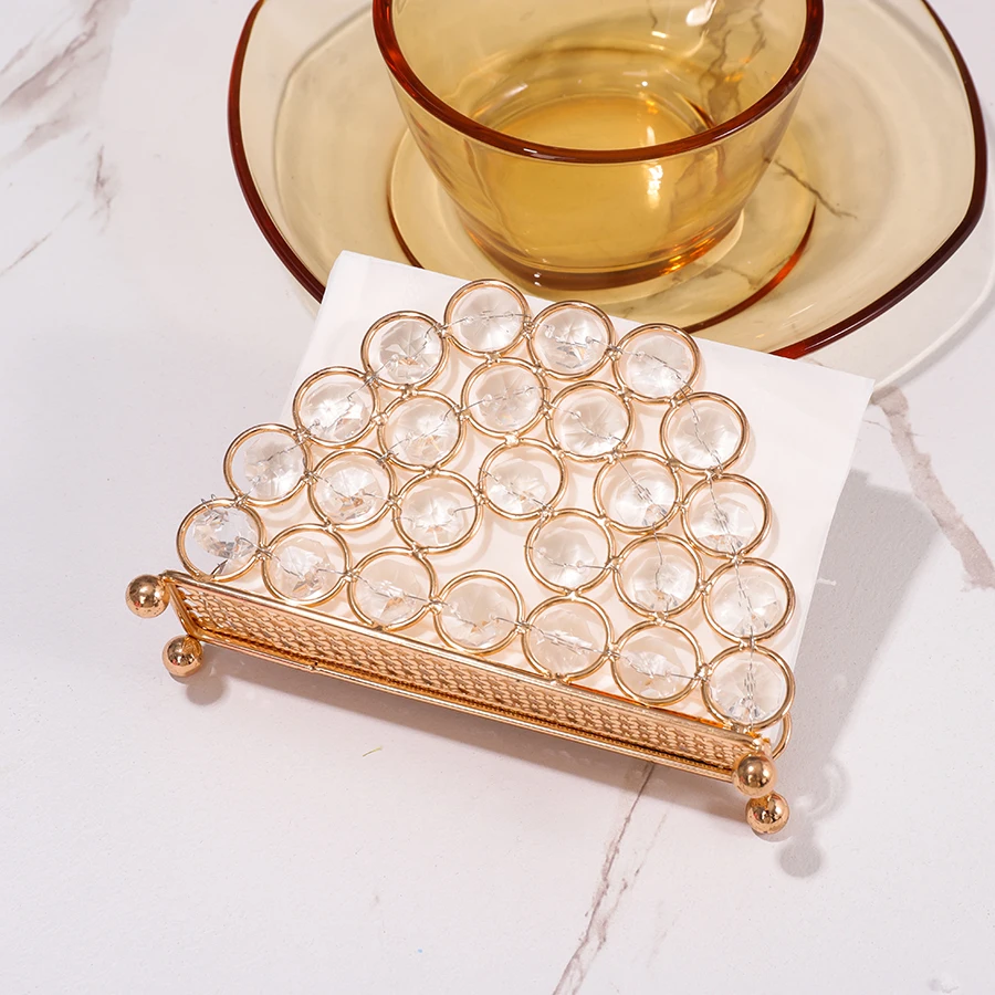 1pc Golden Crystal Napkin Holder Rhinestone Semicircle Napkin Holder with Flower Base,Gold Napkin Storage Rack For Dining Table