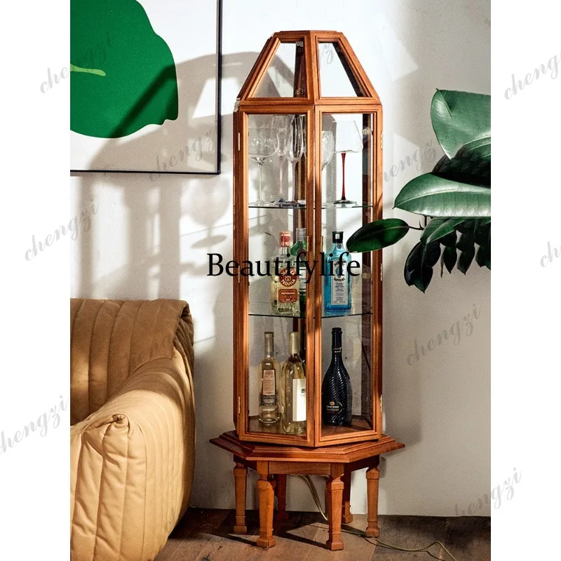 A114 glass display case cherry wood rotating wine cabinet with lamp storage