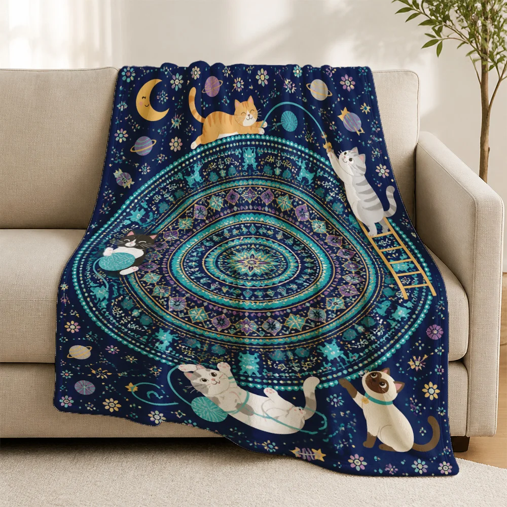 Cute Cosmic Cat Galaxy Mandala Throw Blanket for Sofa Couch Boho Decor Aesthetic Bohemian Space Art Astrology Cozy Winter Gift