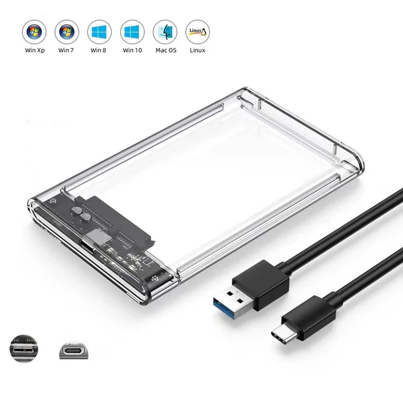 2.5인치 HDD SSD 케이스 USB 3.0 타입 C 투명 HDD 외장 케이스, 노트북용 SATA 박스 SSD 하드디스크 케이스