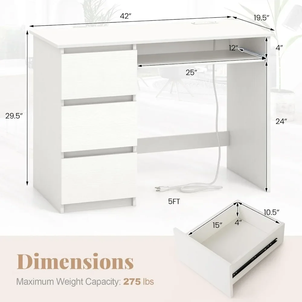 "مكتب كمبيوتر أبيض مع مخرج طاقة مدمج - تصميم مكتبي حديث مع صينية لوحة مفاتيح و3 أدراج واسعة، كتابة 42 بوصة