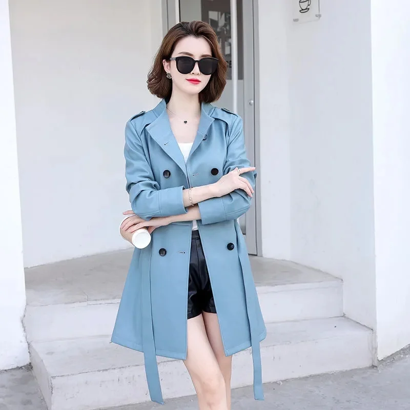 Leather Trench Coat in Long Autumn and Winter Leather Long Sleeve Coat Stand Collar Slim Ladies Leather Jacket