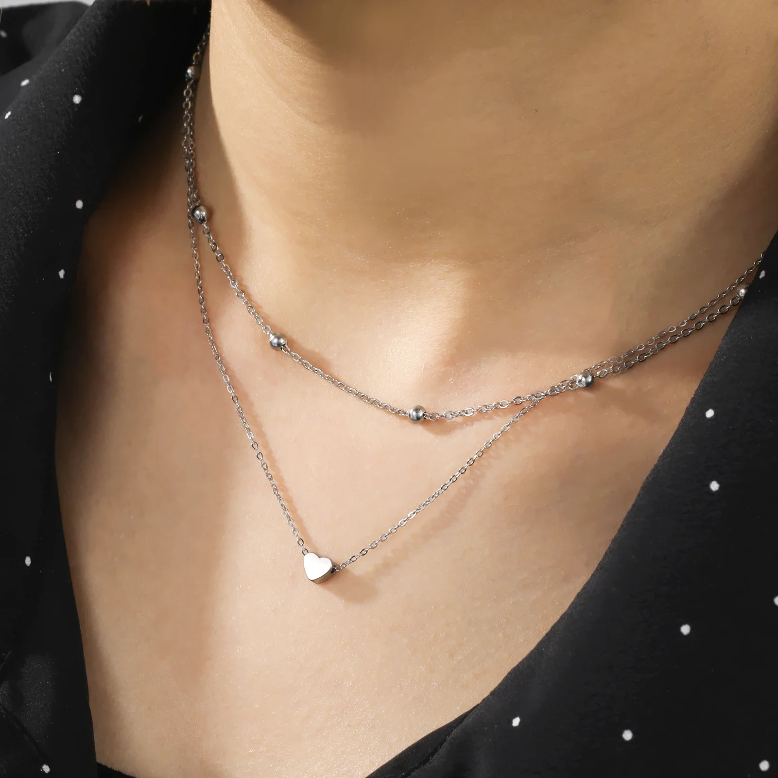 Skyrim Tiny Heart Choker Necklaces Stainless Steel Double Layered Beads Chain Necklace Women Aesthetic Jewelry Mother Day Gift
