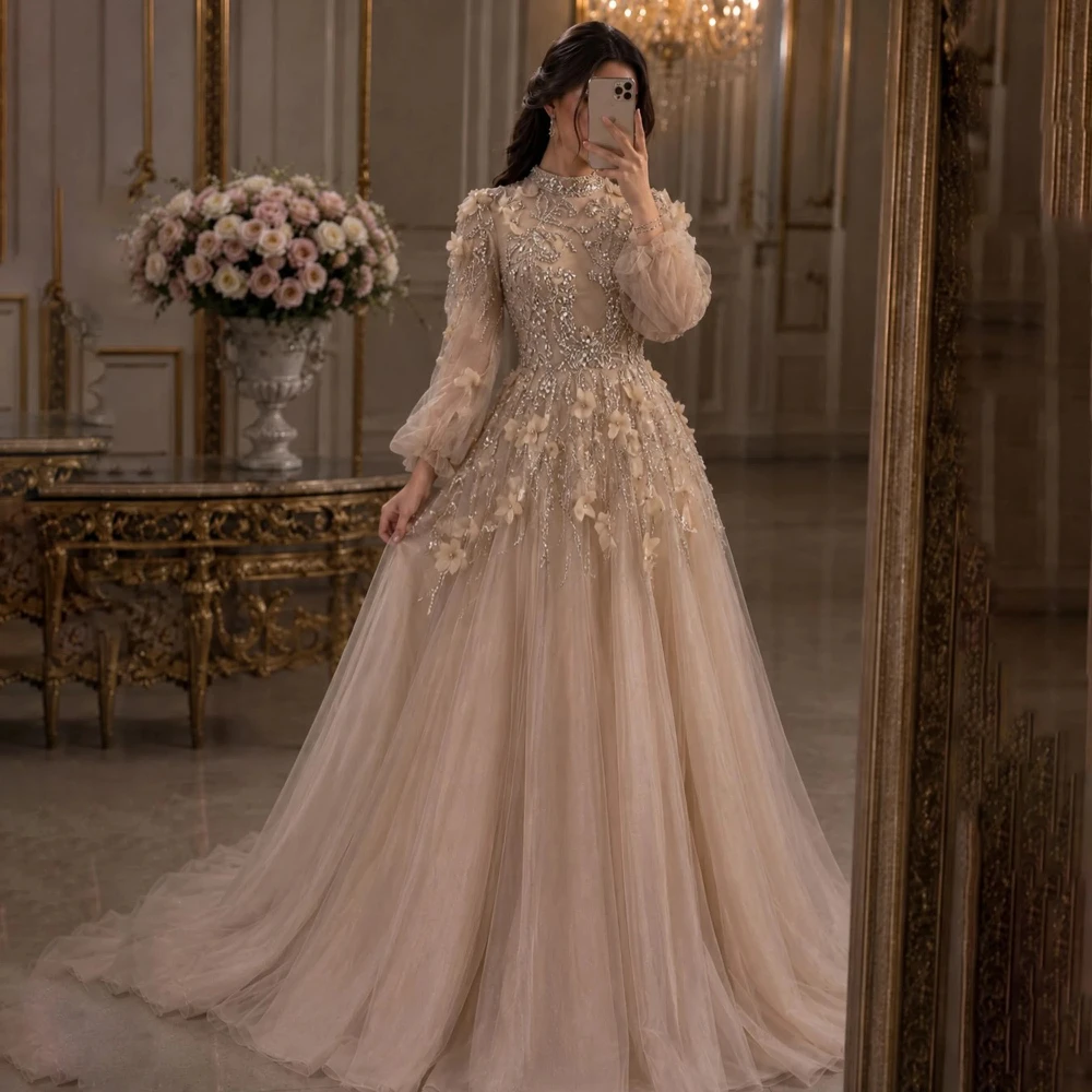 Vintage-Brautkleider aus Tüll mit hohem Kragen, glänzende Applikationen, lange Ärmel, A-Linie, Brautkleid, maßgeschneidert