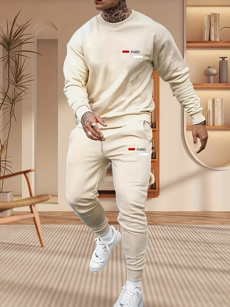 2025 Fall Men's Long-Sleeve Pantsuit Streetwear Fashion Ensemble Crew-Neck Long-Sleeve Top with Casual Pants Two-Piece Set