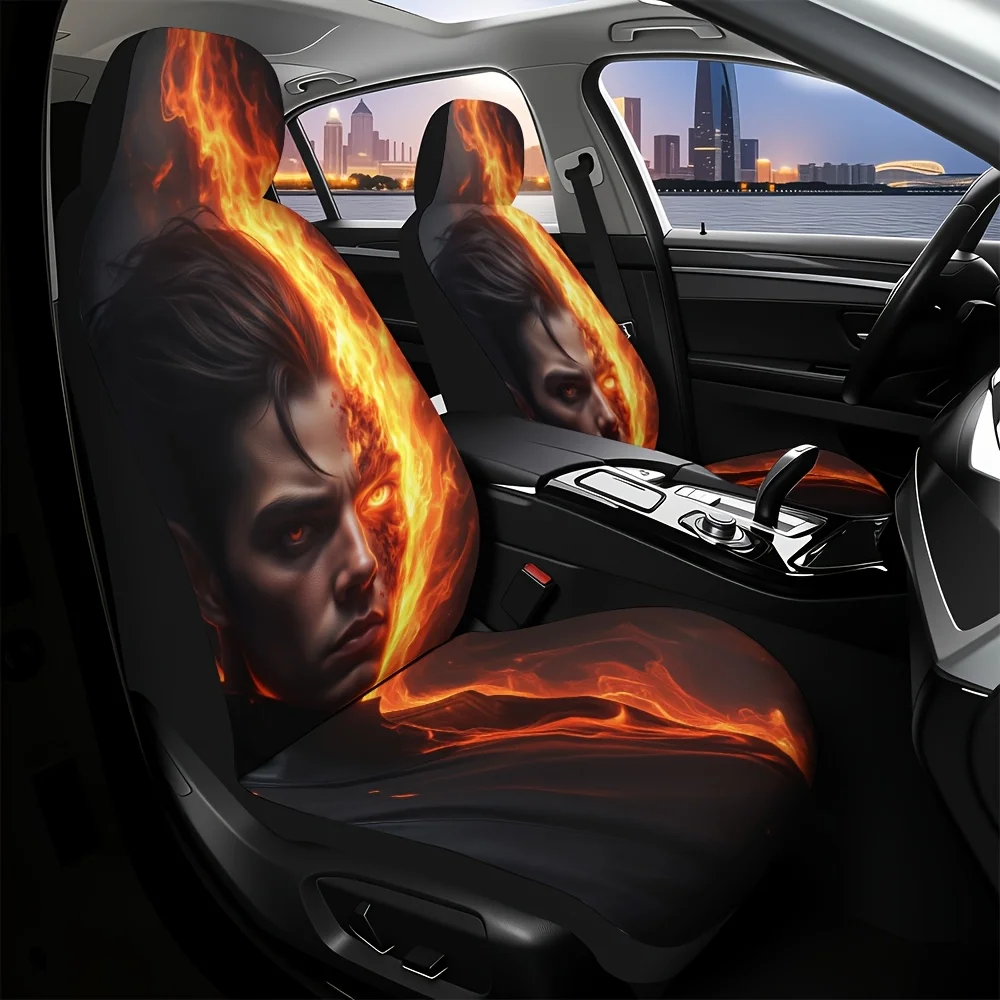 2pcs Modern Movie Character Car Seat Covers - Vibrant Flame Design, Durable Polyester, Fit For Most Vehicles, All-Season Comfort