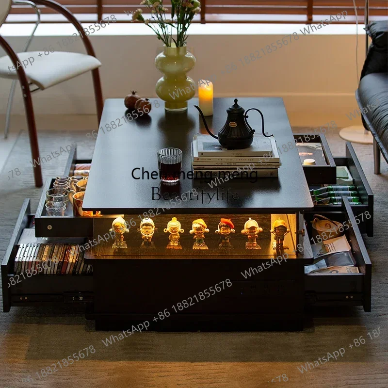 Slate coffee table Solid wood with pumping with lighting atmosphere Black rectangle Modern simplicity