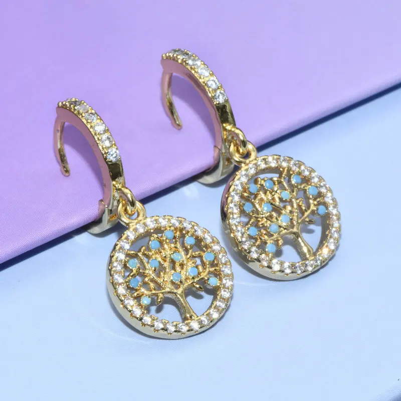 Luxury Jewelry Supplies High Quality Gold Plated Copper Blue Turquoise CZ Setting  Dangle Tree Of Life Hoop Earrings for Women