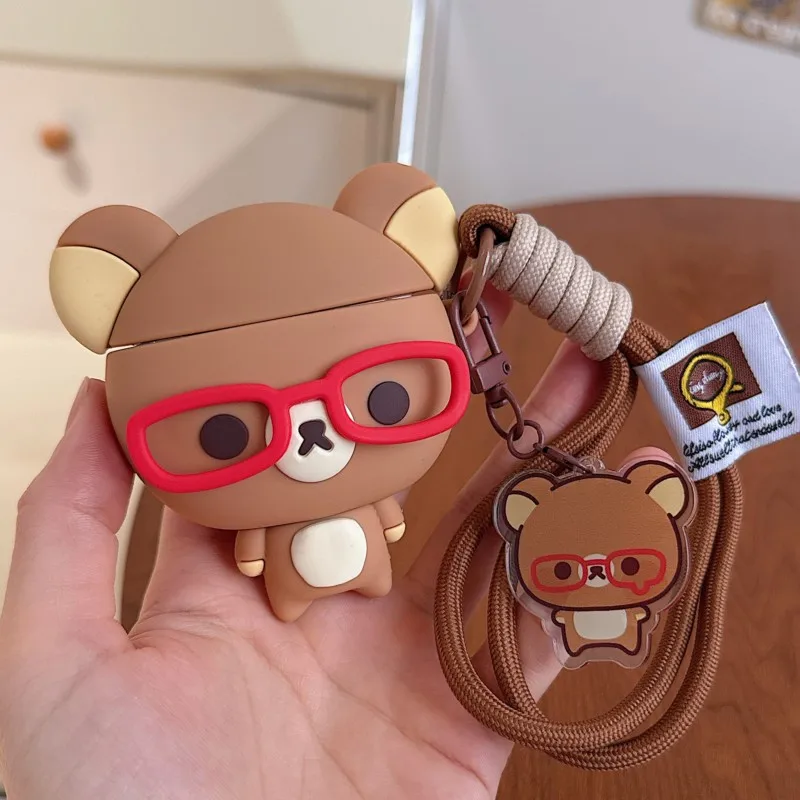 3D Rilakkuma Glasses Bear Silicone AirPods Case with Lanyard & Pendant for AirPods 3 4 Pro Pro 2 Pro3 Shockproof protective case view 6