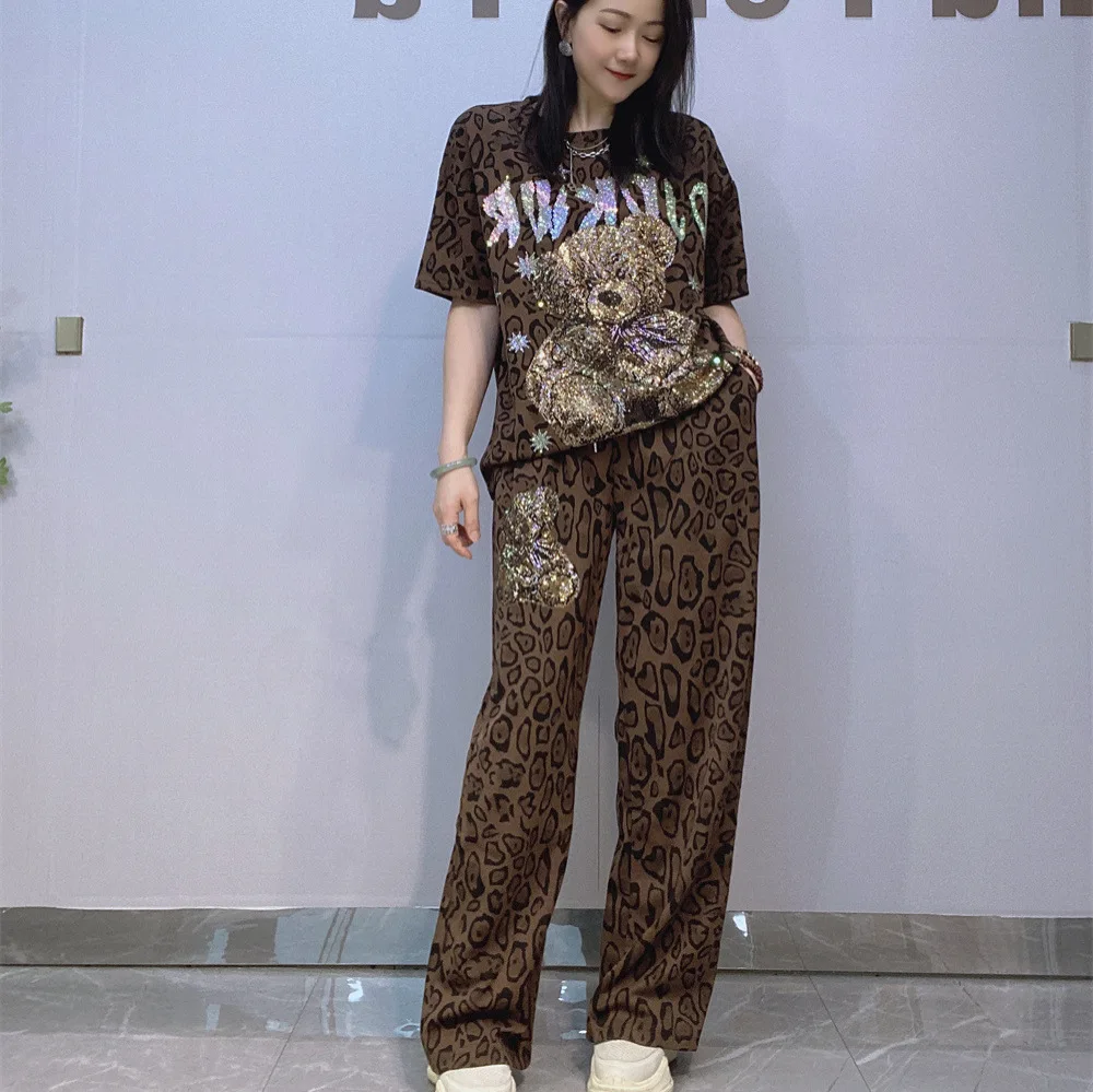 American Leopard Print Two-piece Set Hot Diamonds Bear Loose O-neck Short Sleeve T-shirt Top + High Waist Wide Leg Long Pants