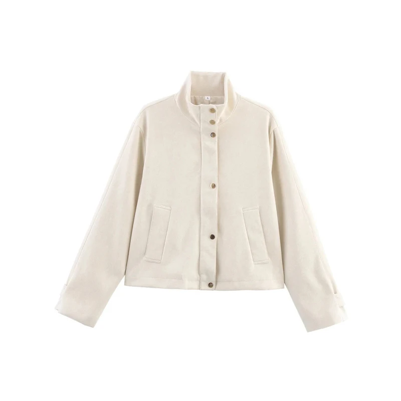 Damen Elastische Wildlederjacke mit Kordelzug in Braun, Modische Jacke mit Langen Ärmeln und Stehkragen, Locker Geschnittener Mantel für Frühling, Alltag und Streetwear 2026 – Detail 11