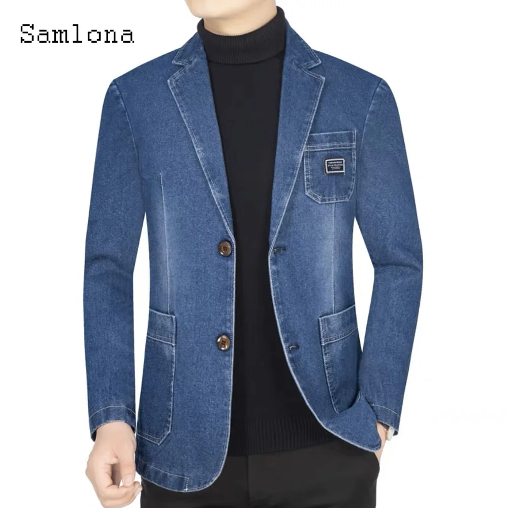 

Samlona 2023 Men Eleagnt Leisure Casual Denim Jackets Kpop Fashion Slim Basic Jean Denim Jacket Mens Clothing Plus Size M-4XL