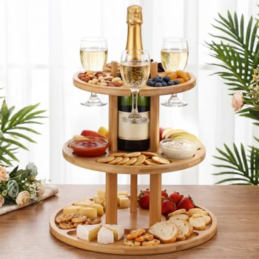 3 Tier Portable Picnic Table with Wine Glass Holder 2 In1 Bamboo Wine Picnic Stand Wines Glass Rack Food Tray Compartmental Dis