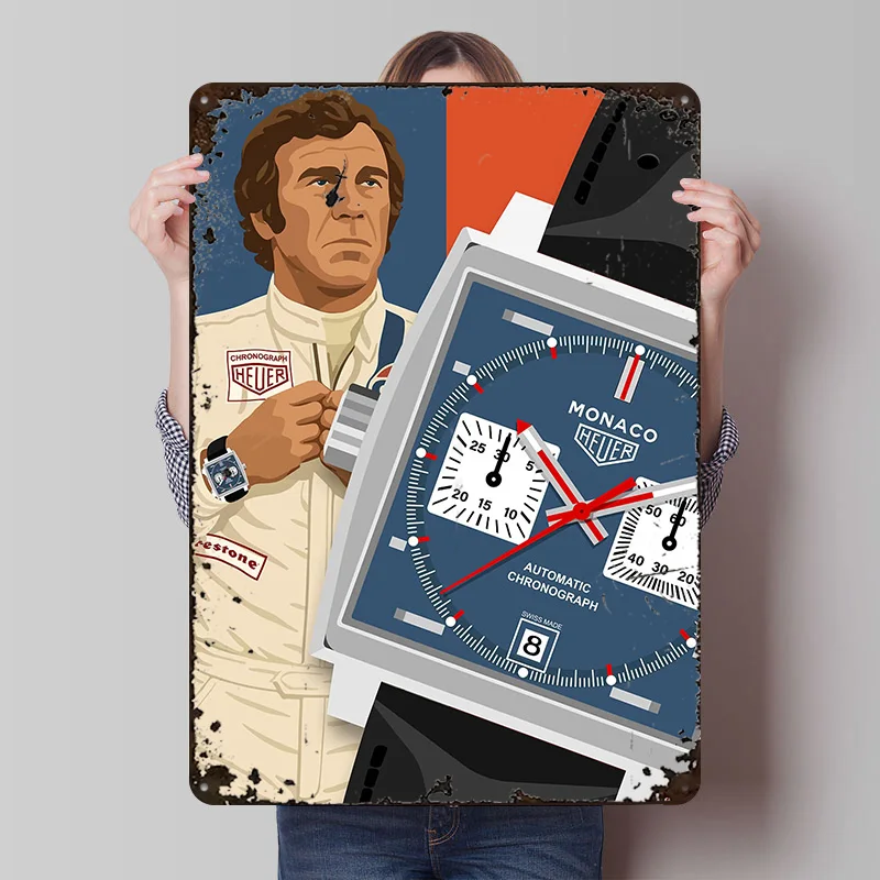 Affiches imprimées de montre Steve McQueen et Heuer Monaco, Art mural personnalisable rétro Vintage, signes en étain en métal pour la maison, baguette Deko