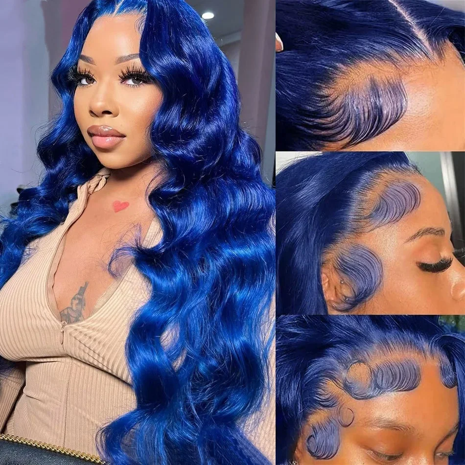 สีน้ําเงินเข้ม 13x4 ลูกไม้ด้านหน้าผมมนุษย์ Wigs สําหรับผู้หญิง Pre Plucked Blue Body Wave โปร่งใสลูกไม้ด้านหน้าวิกผม 100% Human Hair