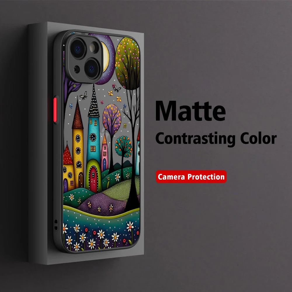 Hand Painted Forest House Illustration Phone Case For iPhone 15 14 13 12 11 Pro Max X XR XSMax 7 8  Matte Transparent Back Cover