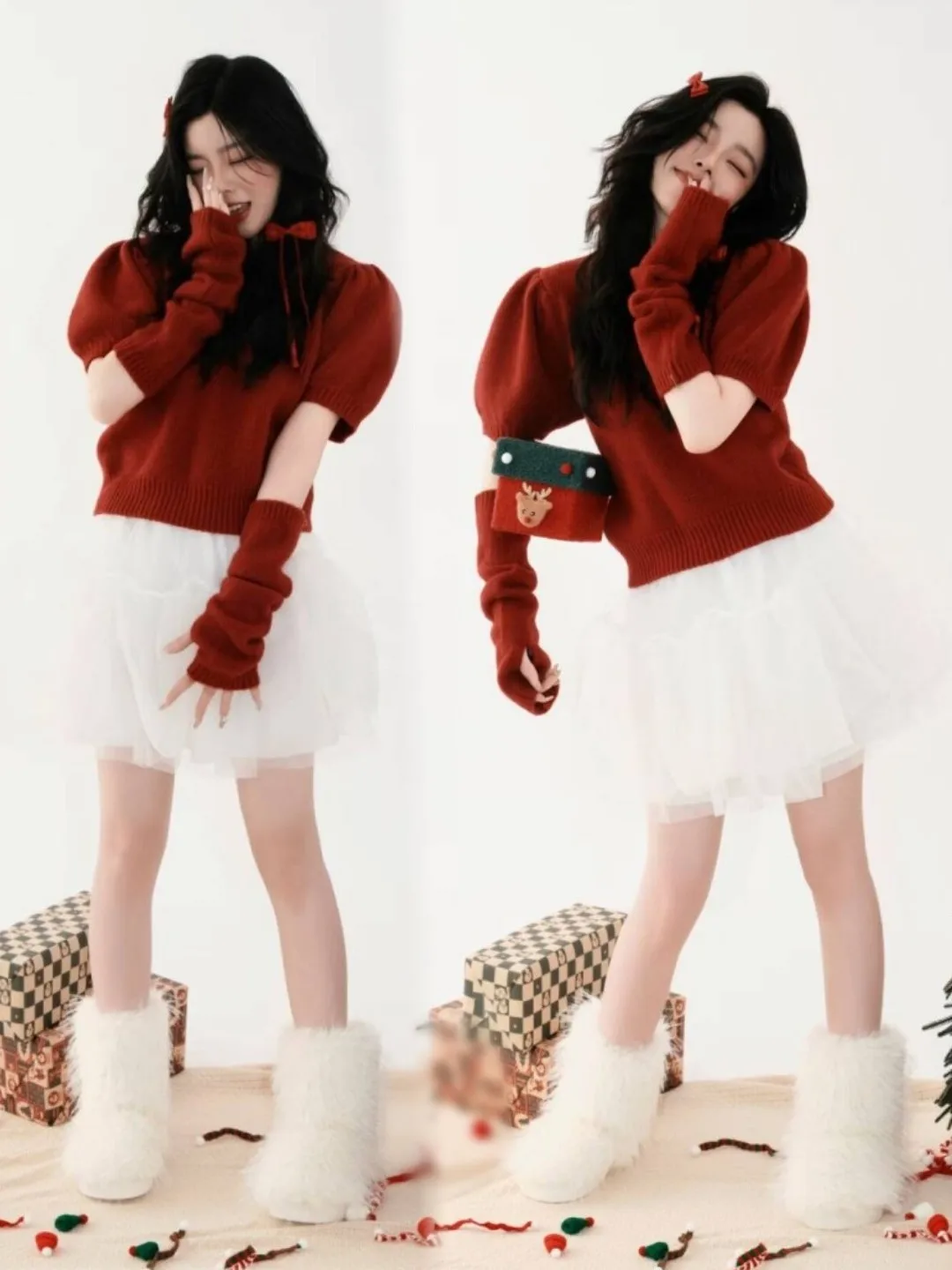 

Christmas Theme Red Sweater Art Photo Studio Atmosphere Girl Photography Clothing New Arrival Polyester Fiber Ladies Fa...