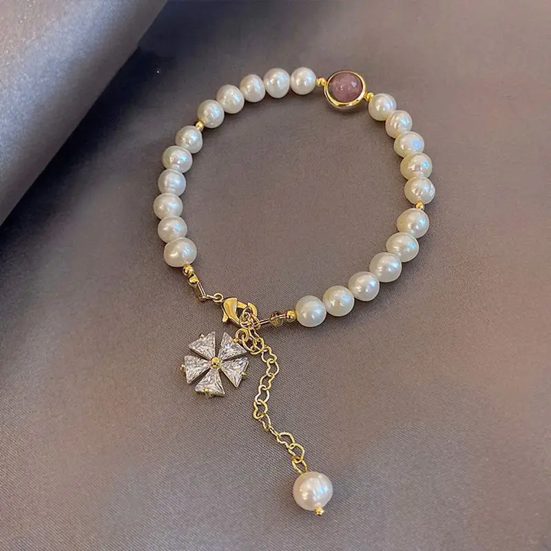 

100% Natural Freshwater Pearl & Strawberry Quartz Sweet Shiny CZ Zircon Flower 14K Gold Filled Female Charm Bracelet Gifts