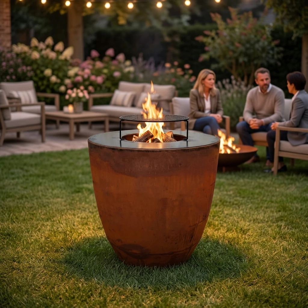 Deep Egg Shape Wood Fire Brazier With Cooking Plancha Modern Outdoor Garden BBQ Grill Corten Steel Backyard Fire Pit