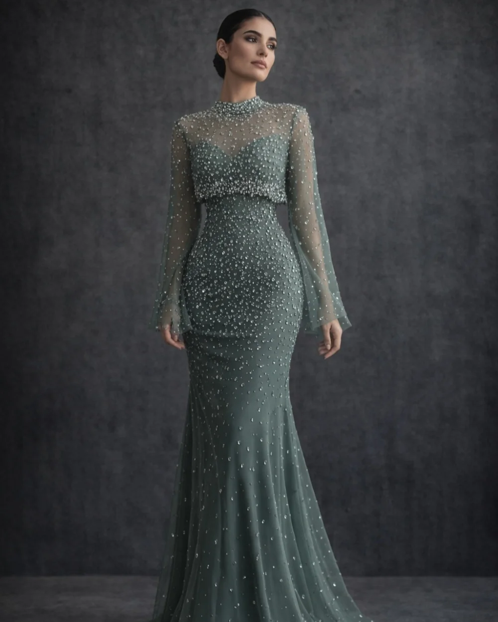 

Customized Exquisite Women Tulle Rhinestone Pleat Mermaid Evening Dress Elegant High Collar Long Sleeves Floor Lenght Party Gown