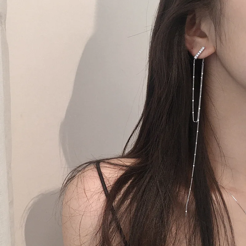 Exquisite Tassel Shiny Zircon Chain Drop Earring Geometric Asymmetry Long Earring Fashion Jewelry For Elegant Girl Women