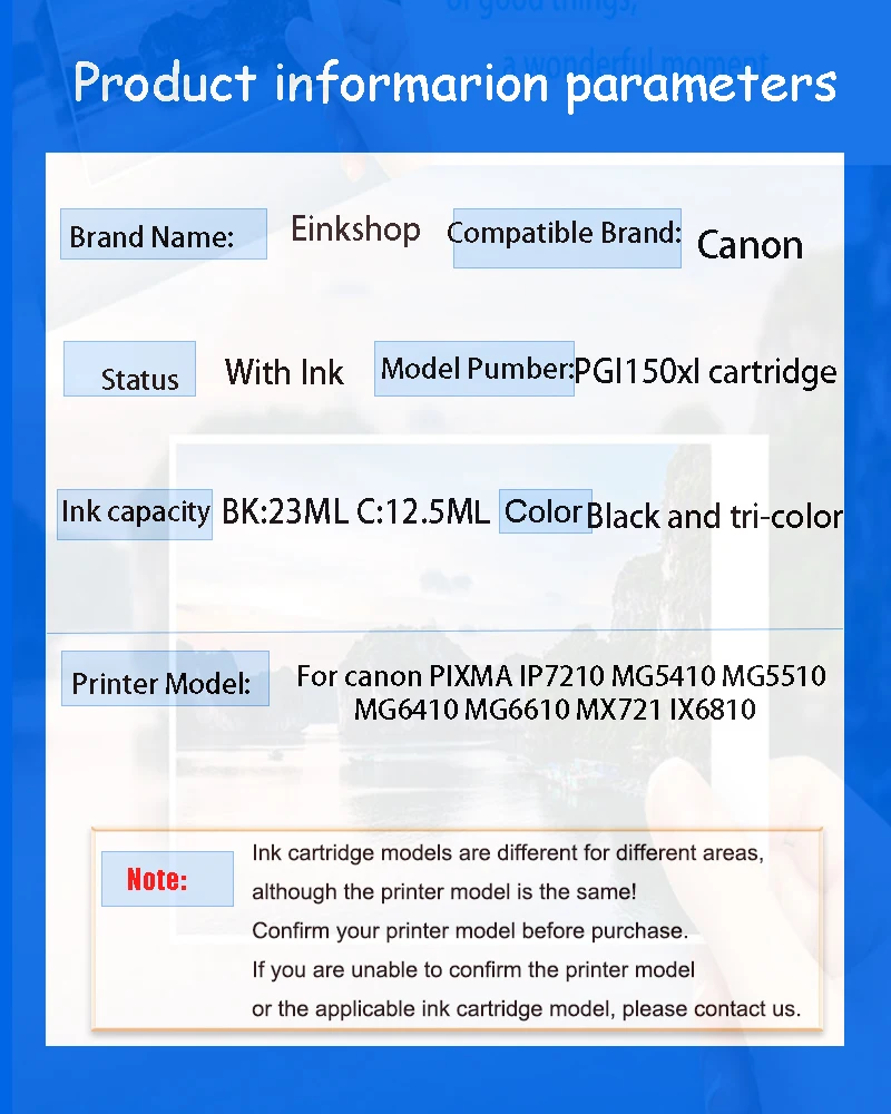 einkshop PGI150 Ink Cartridge For canon PIXMA IP7210 MG5410 MG5510 MG6410 MG6610 MX721 IX6810 PGI150 CLI151