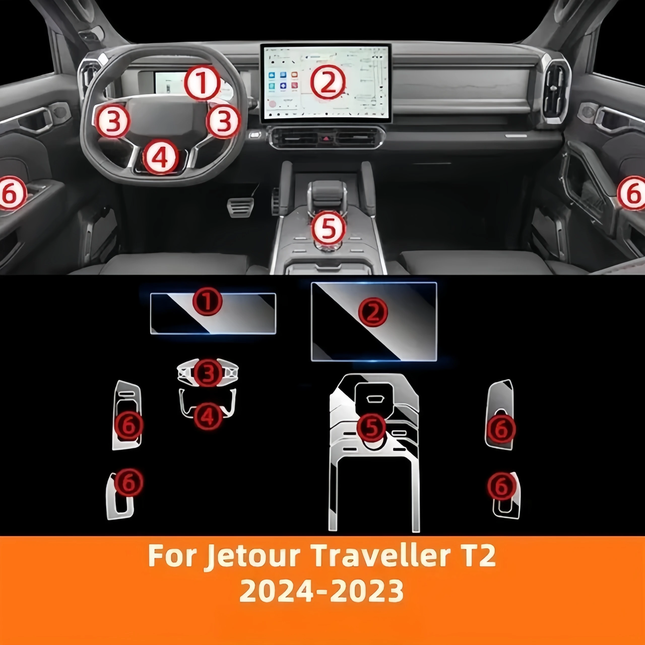 For Jetour Traveller T2 2023-2024 Transparent TPU Interior Trim Protective Film 1 Set Full Kit Automotive Complete All-Weather