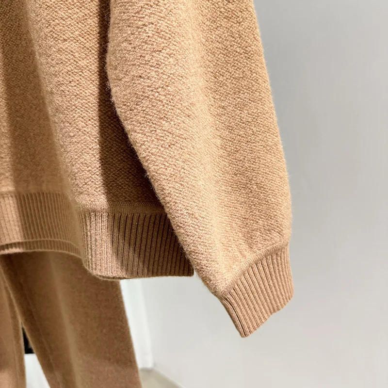 Autumn 2024 Women Solid Color Set Elastic Waist Long Pants and Long Sleeve Hooded Sweater Female Cashmere Wool Suit