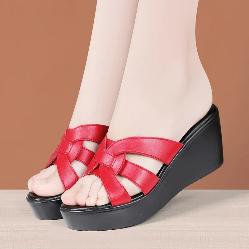 6cm Small Size 32-43 Soft Leather Slides Summer Wedges Shoes 2024 Med Heels Platform Slippers Women for Office Mom Beach