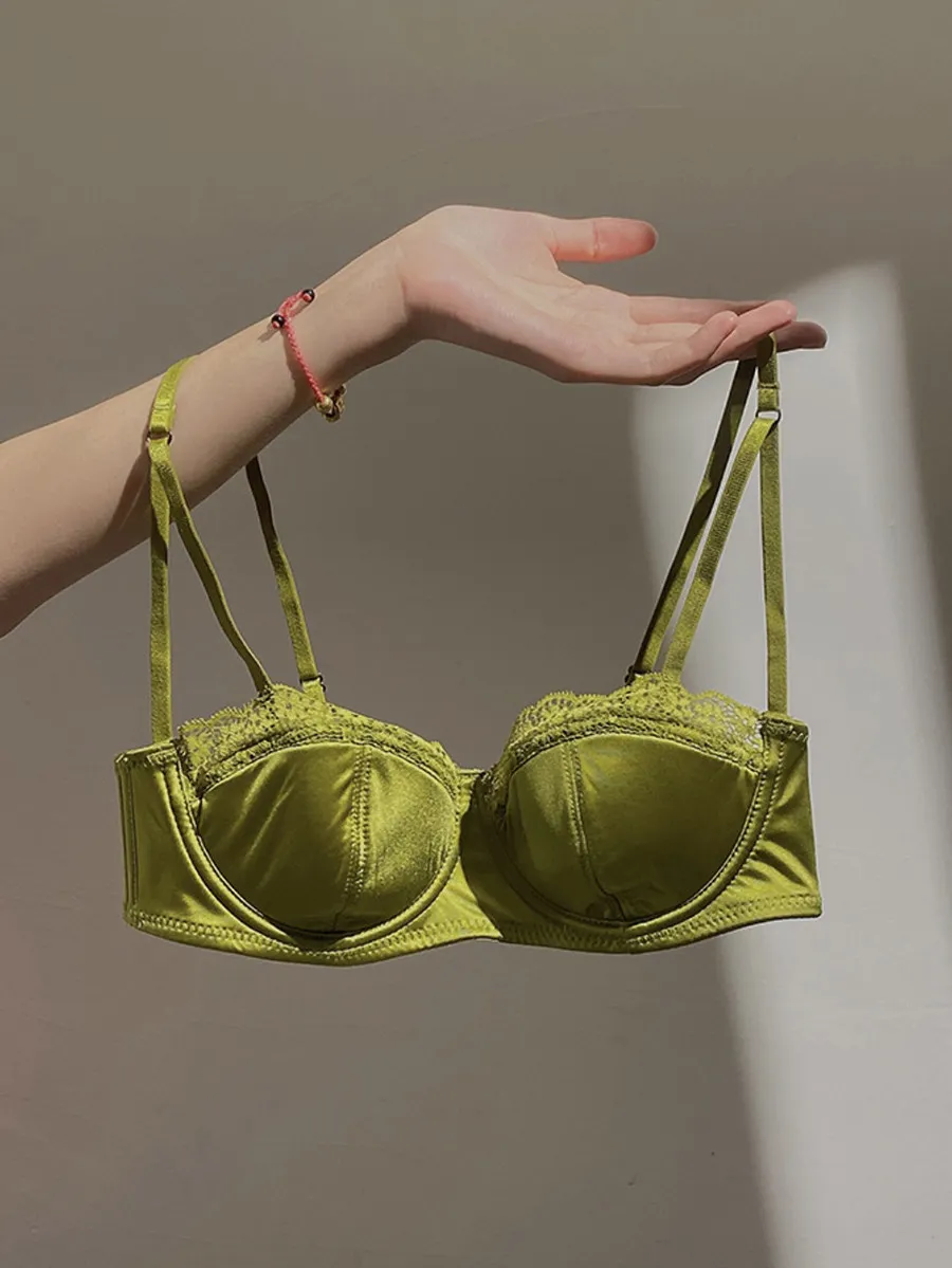 Conjunto de sujetador fino con aros, minimizador, push-up, sin espalda, de encaje francés transparente, sexy, de última tendencia, antideslizante, con cobertura lateral para mujer