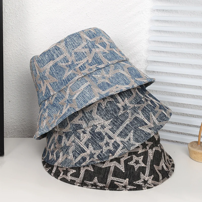 

Fashion embroidered star flat basin hat Korean washed denim wide shade fisherman hat